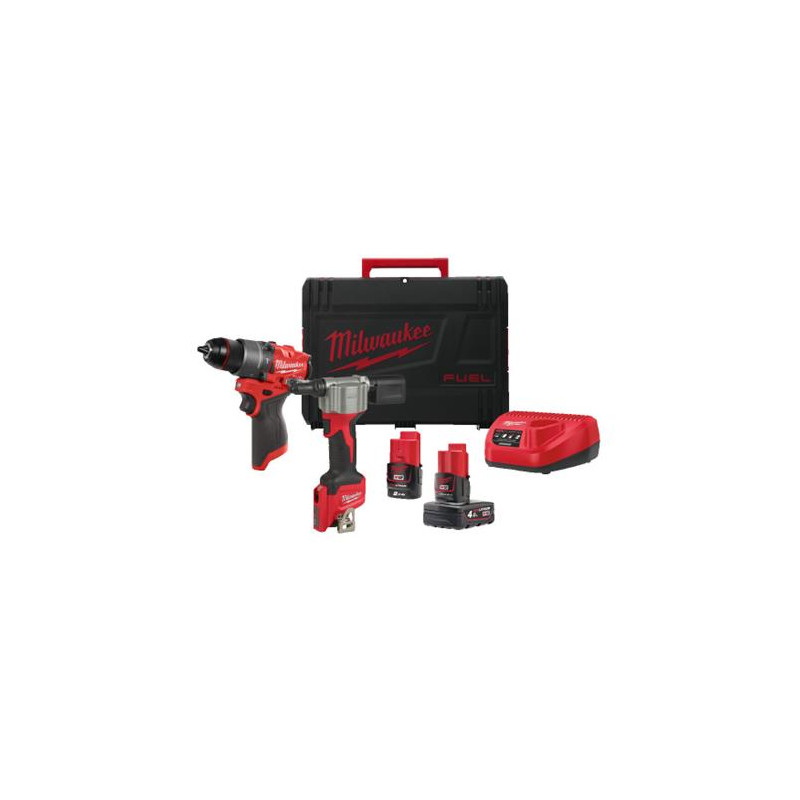 Conjunto 2 Maquinas Milwaukee M12BPP2D22-422X Rebitadora N12BPRT + Aparafusadora M12FPD2
